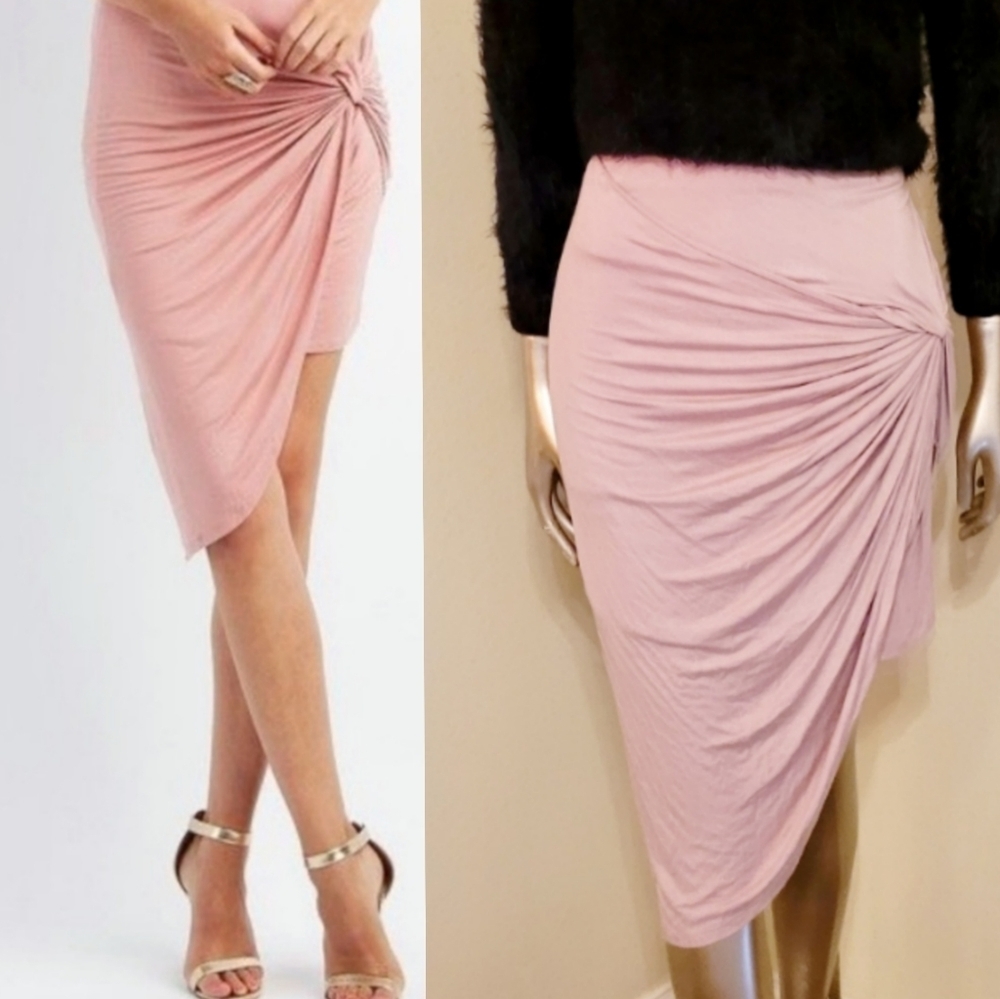 NWOT Dusty Pink Side Knot Ruched Asymmetrical Knit Skirt